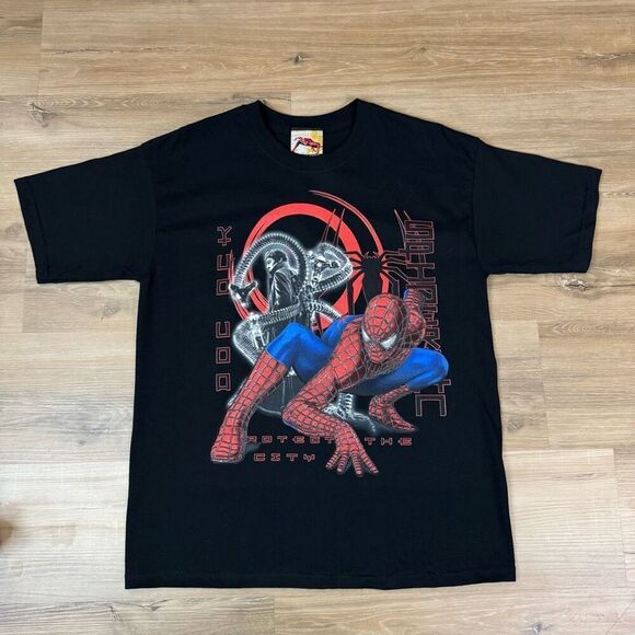 Vintage Spiderman 2 Movie Promo Tee Shirt Black Protect The City 2004 Kids XL - Picture 1 of 6